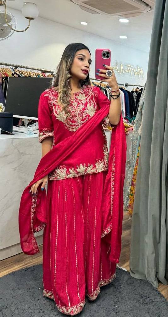 Demanding Chinnon Silk Sequence Work Red Color Sharara Suit