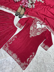 Demanding Chinnon Silk Sequence Work Red Color Sharara Suit