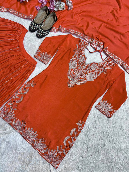 Demanding Chinnon Silk Sequence Work Orange Color Sharara Suit