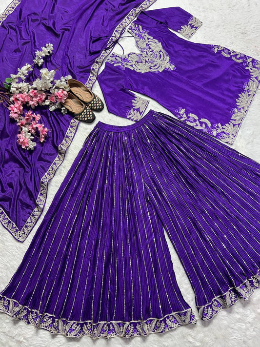 Demanding Chinnon Silk Sequence Work Purple Color Sharara Suit