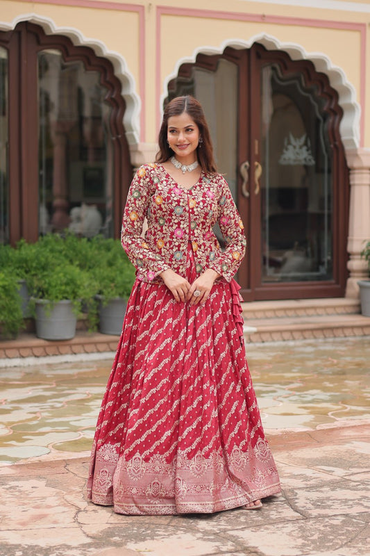 Captivating Georgette Sequence Work Maroon Color Top With Lehenga