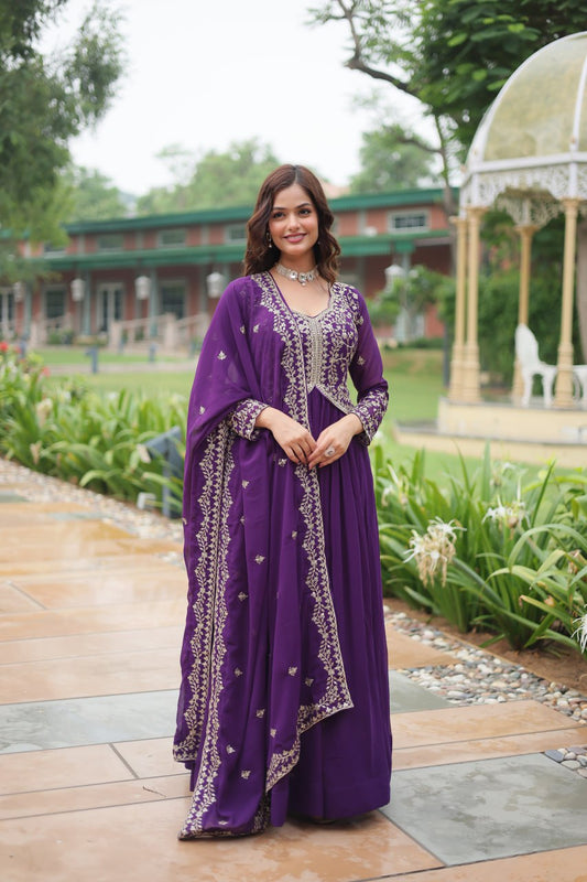 Wedding Wear Embroidered Heavy Work Purple Color Gown With Dupatta