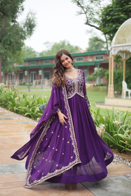 Wedding Wear Embroidered Heavy Work Purple Color Gown With Dupatta