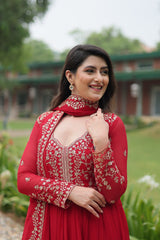 Wedding Wear Embroidered Heavy Work Red Color Gown With Dupatta