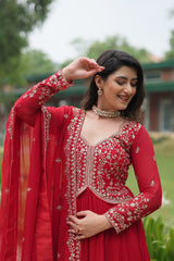 Wedding Wear Embroidered Heavy Work Red Color Gown With Dupatta