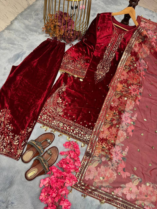 Preferable Velvet Red Color Sequence Work Suit