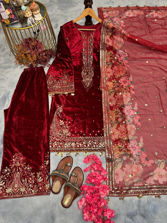 Preferable Velvet Red Color Sequence Work Suit