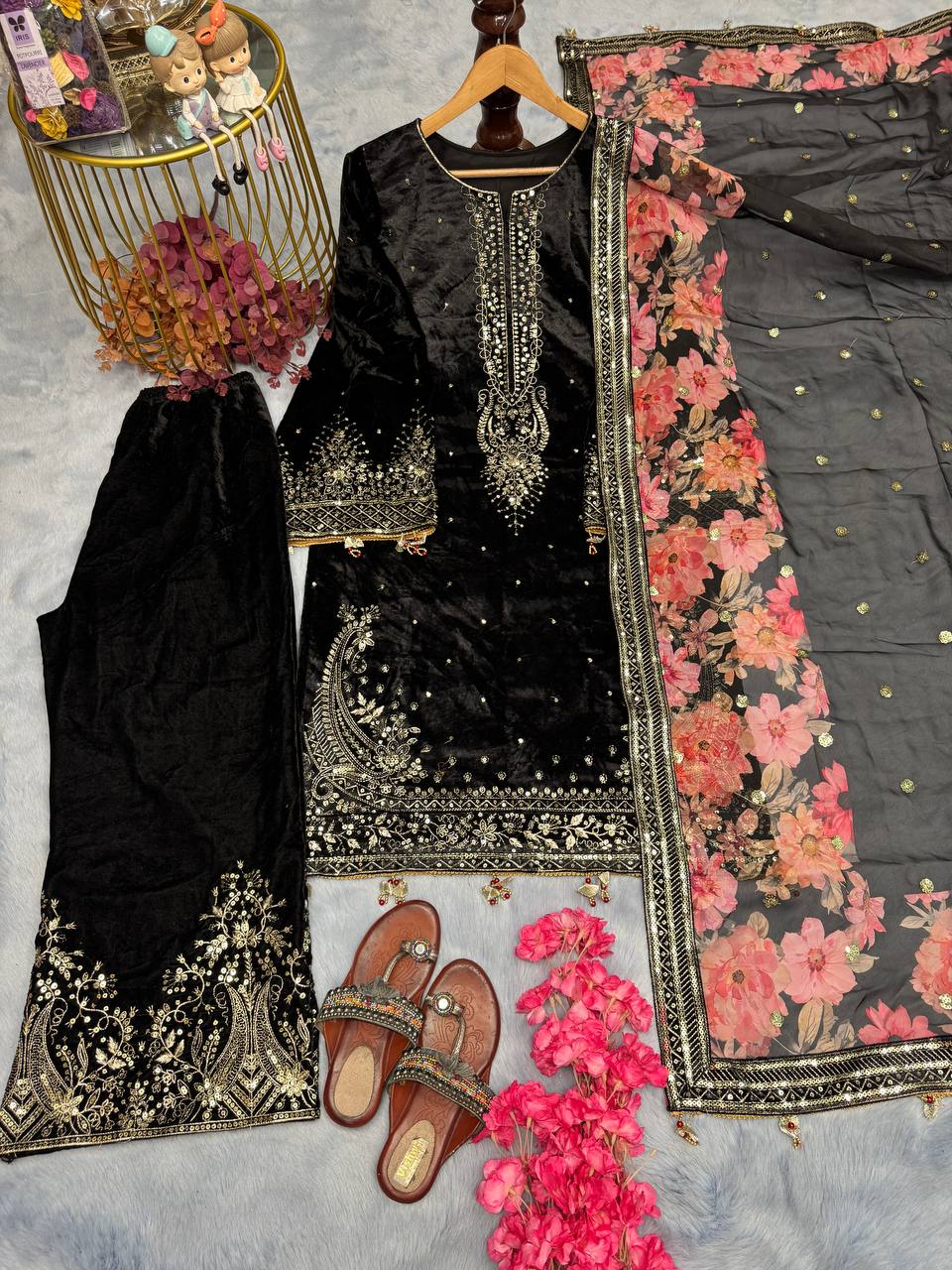 Preferable Velvet Black Color Sequence Work Suit