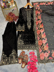 Preferable Velvet Black Color Sequence Work Suit