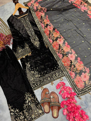 Preferable Velvet Black Color Sequence Work Suit