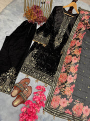 Preferable Velvet Black Color Sequence Work Suit