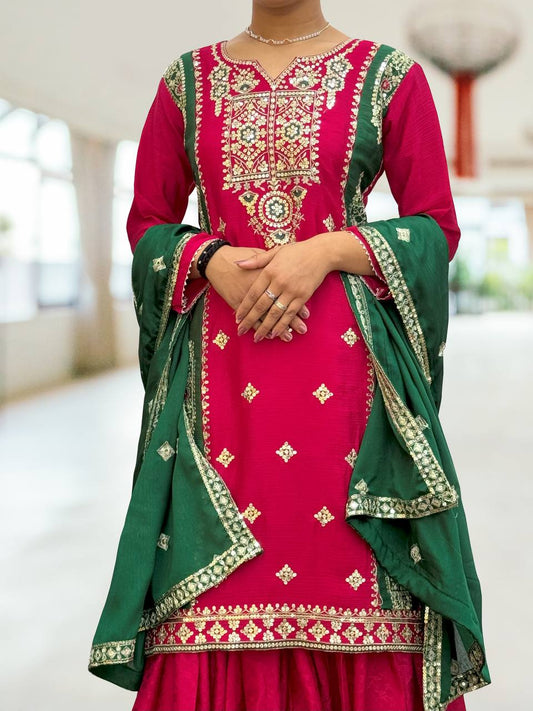 Gorgeous Chinon Pink Color Sequence Work Sharara Suit