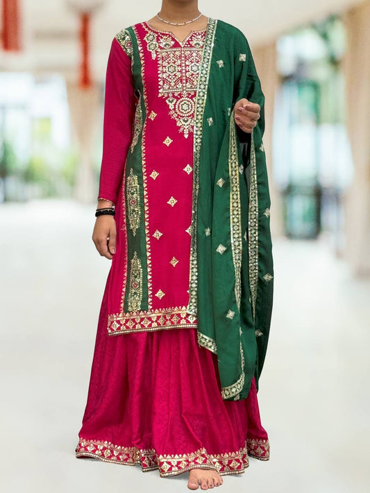 Gorgeous Chinon Pink Color Sequence Work Sharara Suit