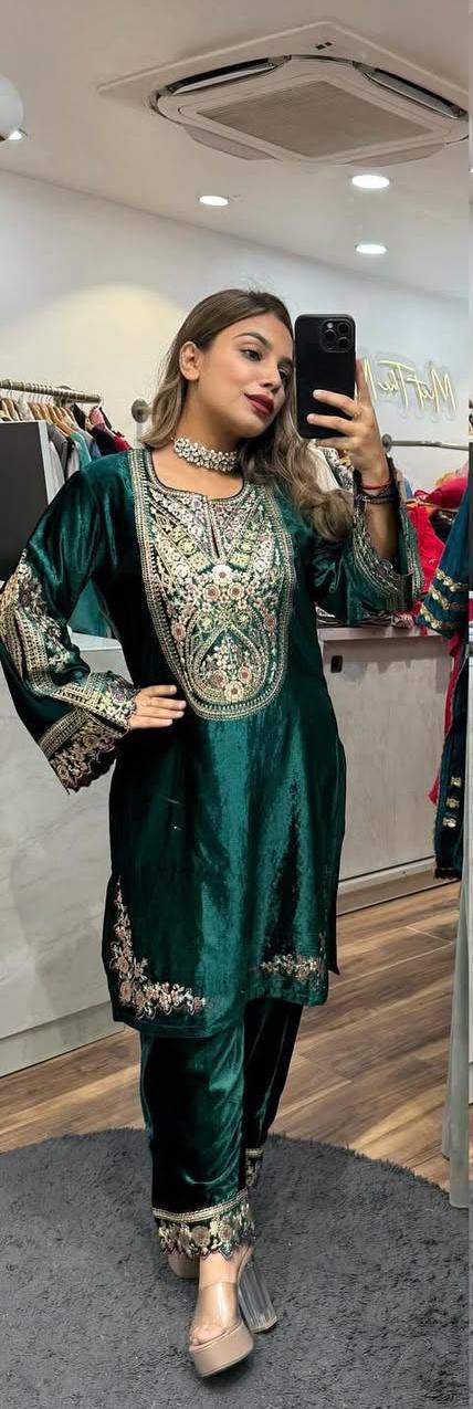 Fantastic Green Color Velvet Embroidery Work Salwar Suit