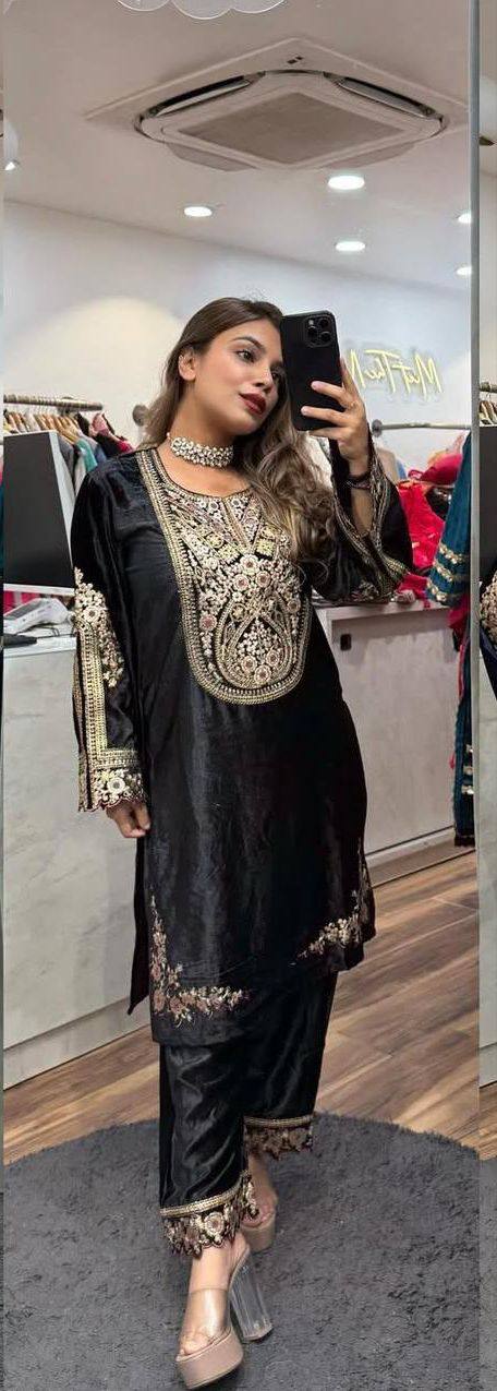 Fantastic Black Color Velvet Embroidery Work Salwar Suit