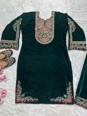 Fantastic Green Color Velvet Embroidery Work Salwar Suit