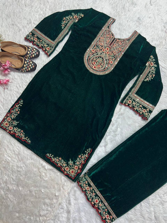 Fantastic Green Color Velvet Embroidery Work Salwar Suit