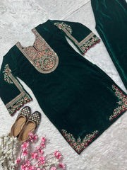 Fantastic Green Color Velvet Embroidery Work Salwar Suit