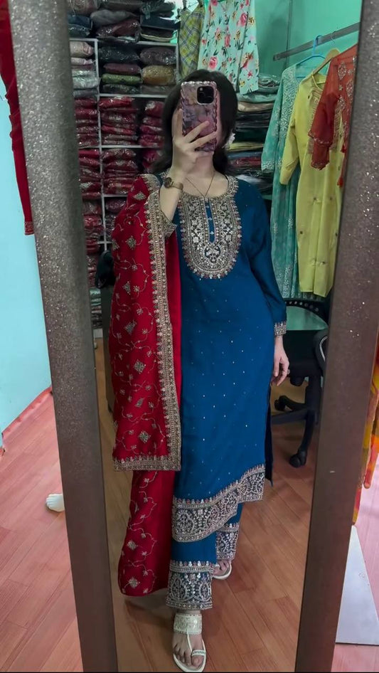 Luxuriant Chinnon Silk Blue Color Salwar Suit