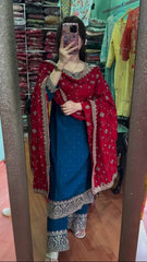 Luxuriant Chinnon Silk Blue Color Salwar Suit