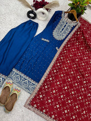 Luxuriant Chinnon Silk Blue Color Salwar Suit