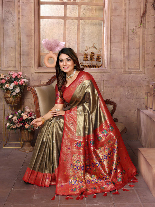 Wedding Wear Mehndi And Red Colour Paithani Banarasi Tissue Silk Sarees