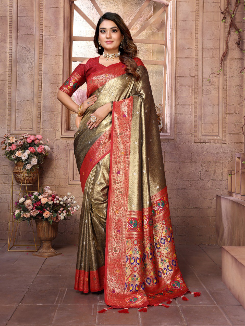 Wedding Wear Mehndi And Red Colour Paithani Banarasi Tissue Silk Sarees