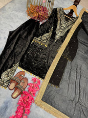 Delightful Velvet Sequence Work Black Color Palazzo Suit