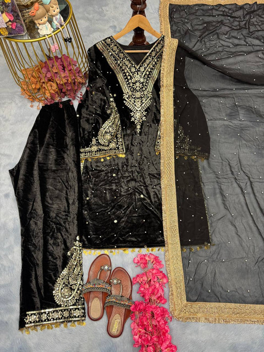 Delightful Velvet Sequence Work Black Color Palazzo Suit