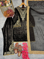 Delightful Velvet Sequence Work Black Color Palazzo Suit
