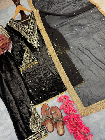 Delightful Velvet Sequence Work Black Color Palazzo Suit