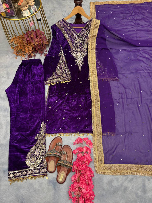 Delightful Velvet Sequence Work Purple Color Palazzo Suit