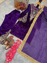 Delightful Velvet Sequence Work Purple Color Palazzo Suit