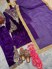 Delightful Velvet Sequence Work Purple Color Palazzo Suit
