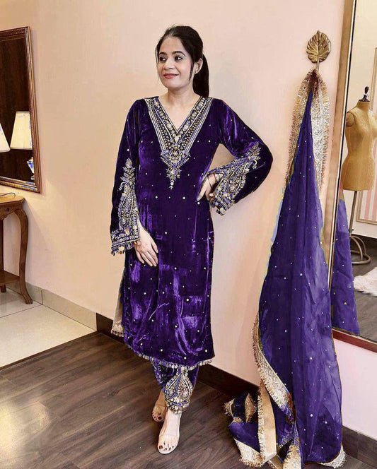 Delightful Velvet Sequence Work Purple Color Palazzo Suit