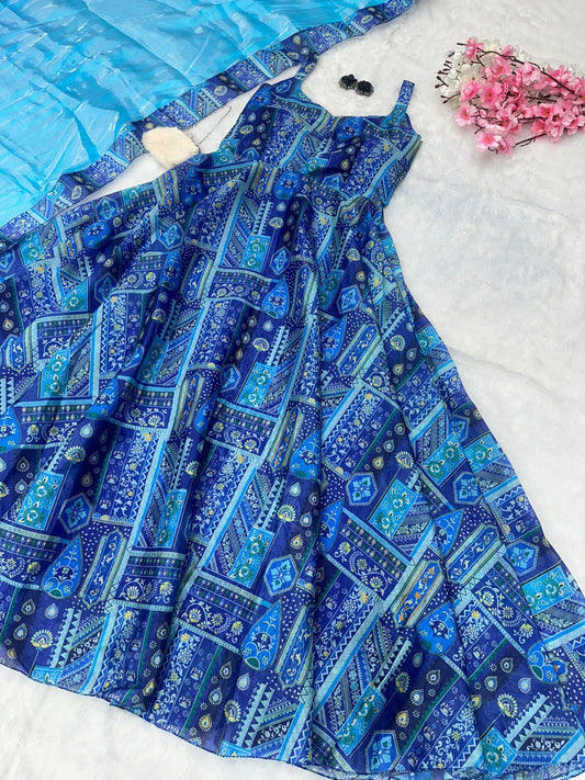 Party Wear With digital printed Blue Color Gown