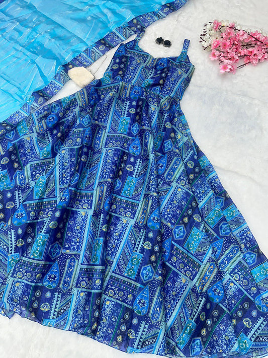 Party Wear With digital printed Blue Color Gown