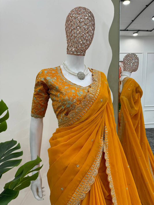 Charming Tibby Heavy Sequence Work Orange Color Saree