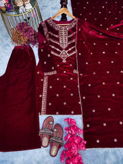 Opulent Velvet Maroon Color Top With Plazzo & Dupatta