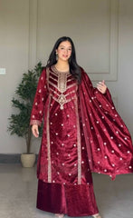 Opulent Velvet Maroon Color Top With Plazzo & Dupatta