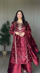 Opulent Velvet Maroon Color Top With Plazzo & Dupatta