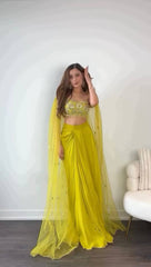 Stunning Chinon Lemon Color Lehenga Choli With Shrug