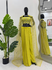 Stunning Chinon Lemon Color Lehenga Choli With Shrug