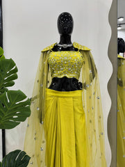 Stunning Chinon Lemon Color Lehenga Choli With Shrug