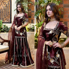 Classy Velvet Embroidery Work Maroon Color Sharara Suit