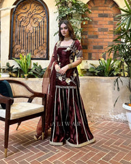 Classy Velvet Embroidery Work Maroon Color Sharara Suit