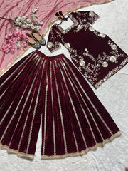 Classy Velvet Embroidery Work Maroon Color Sharara Suit