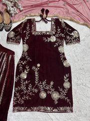 Classy Velvet Embroidery Work Maroon Color Sharara Suit