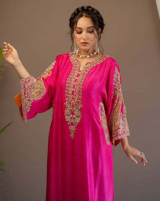 Imposing Chinon Pink Color Sequences Work Palazo Suit