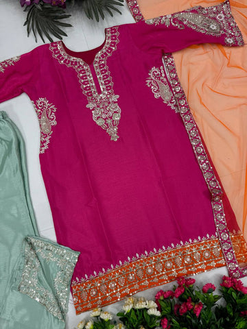 Imposing Chinon Pink Color Sequences Work Palazo Suit